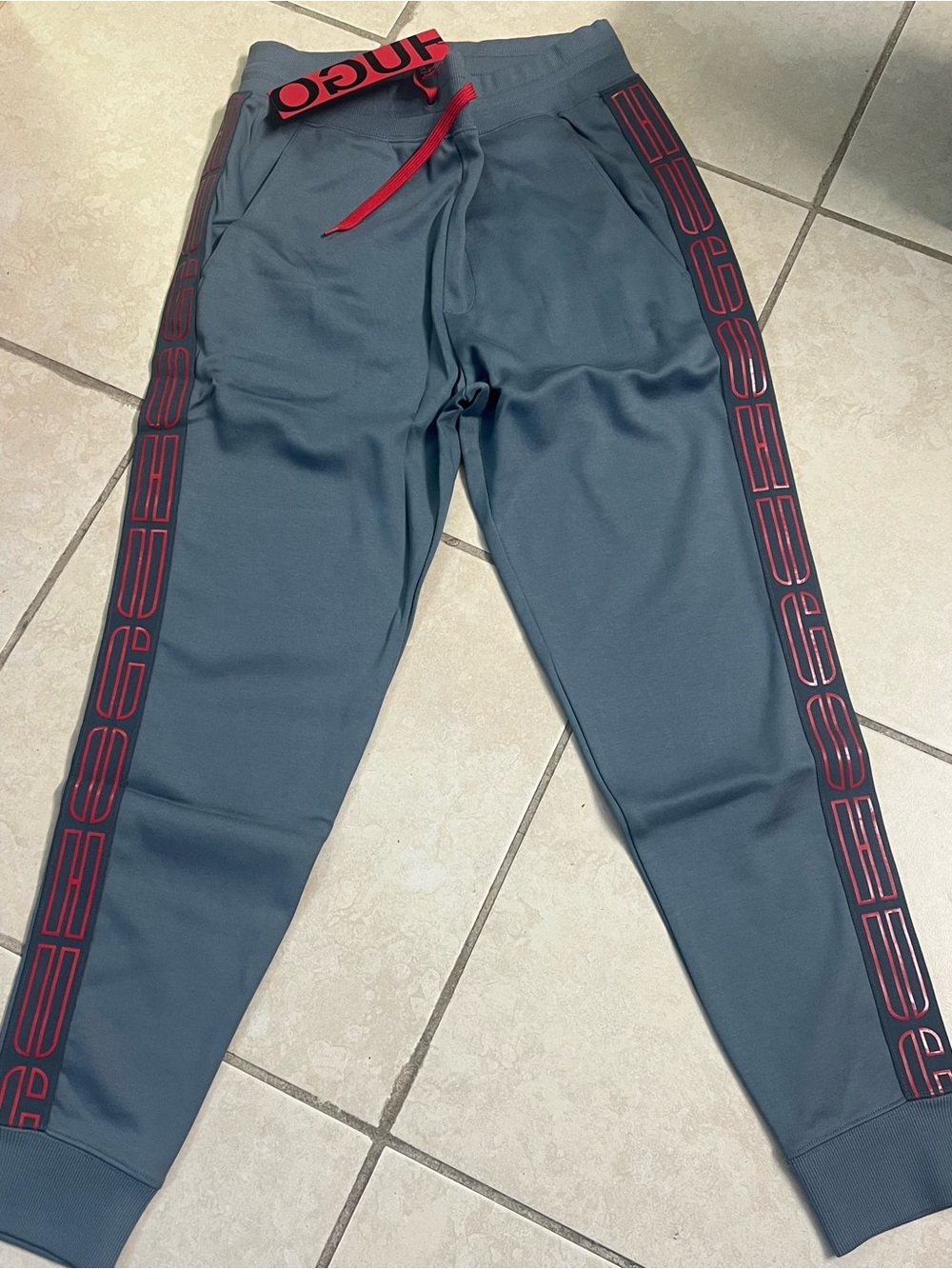 HUGO Gray Joggers with Red Logo Tape